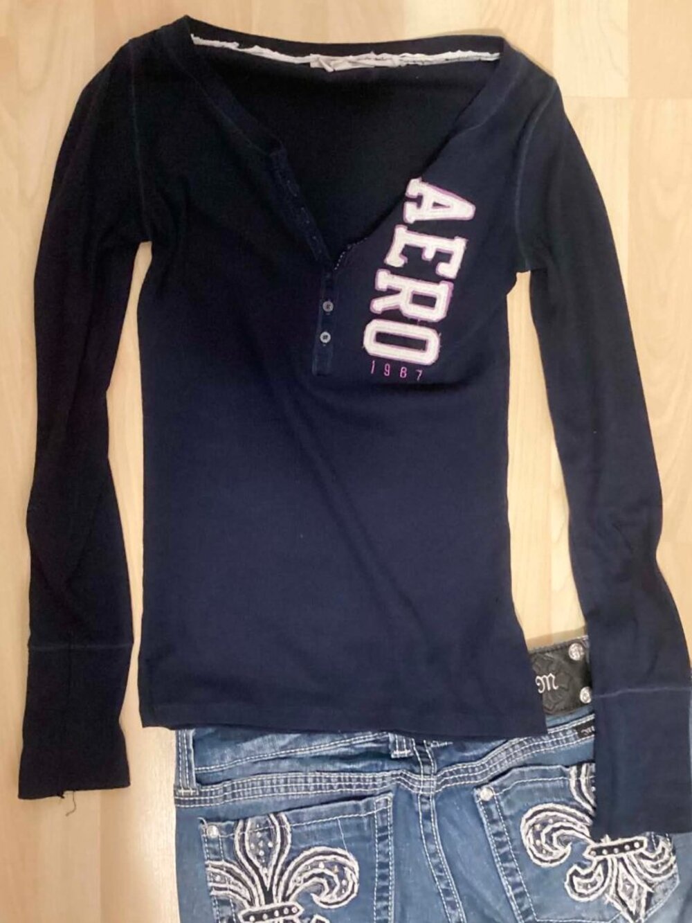 Dark Blue Aeropostale Y2K Ribbed Long Sleeve Henley